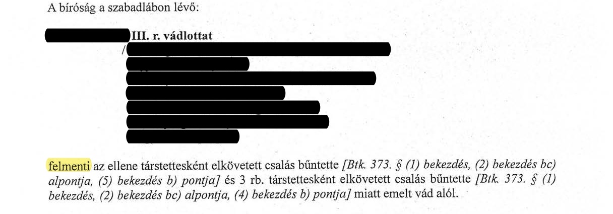 Felmentés csalás miatt indult büntetőeljárásban